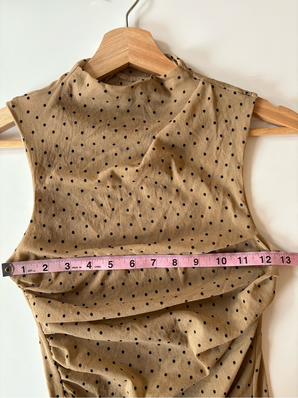 Enza Costa || Mesh Sleeveless Twist Top Ruched Mock Neck Polka Dot Tan Small - Picture 7 of 10